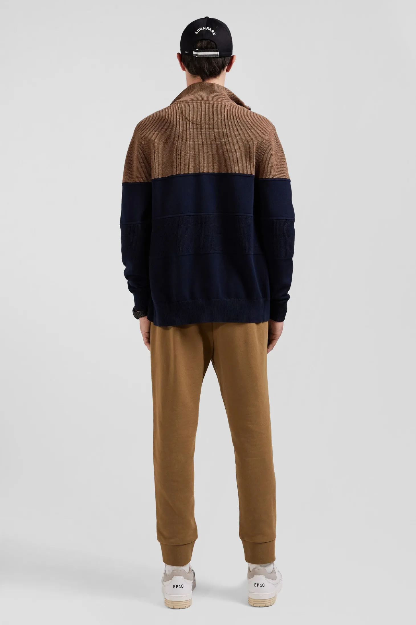Cardigan zippé à col montant marine et camel en coton