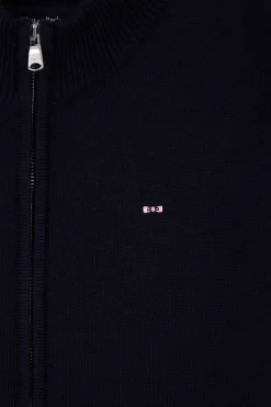Cardigan zippé à col montant en laine et coton marine coupe Regular