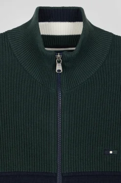 Cardigan zippé à col montant marine et vert en coton