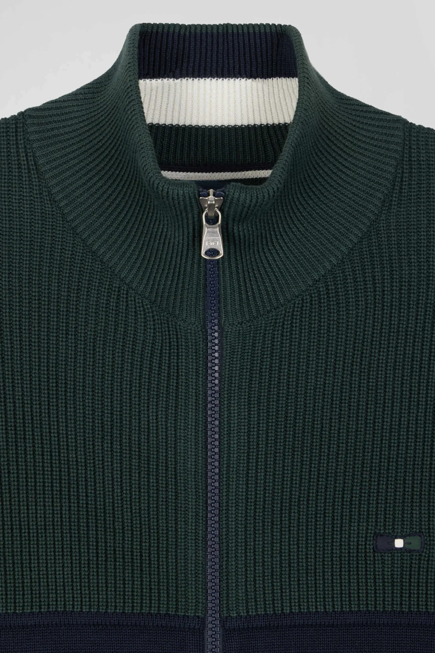 Cardigan zippé à col montant marine et vert en coton