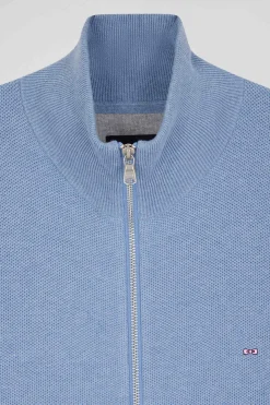 Cardigan zippé à col montant uni ciel en coton