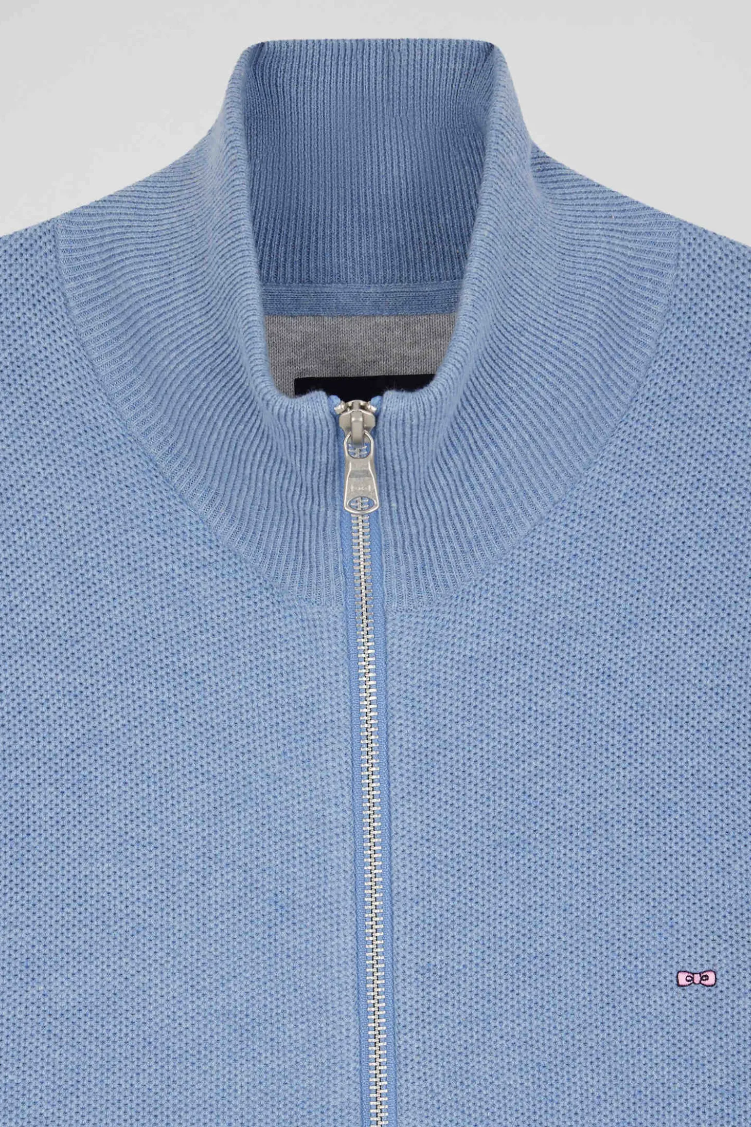 Cardigan zippé à col montant uni ciel en coton