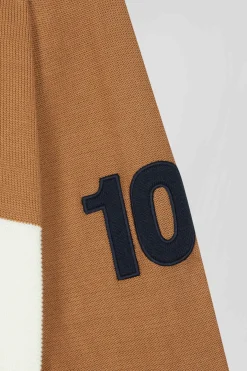Cardigan zippé à col montant tricolore camel broderie 10 et jeu de maille