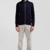 Cardigan zippé en coton et cachemire bleu marine coupe Regular rayures verticales