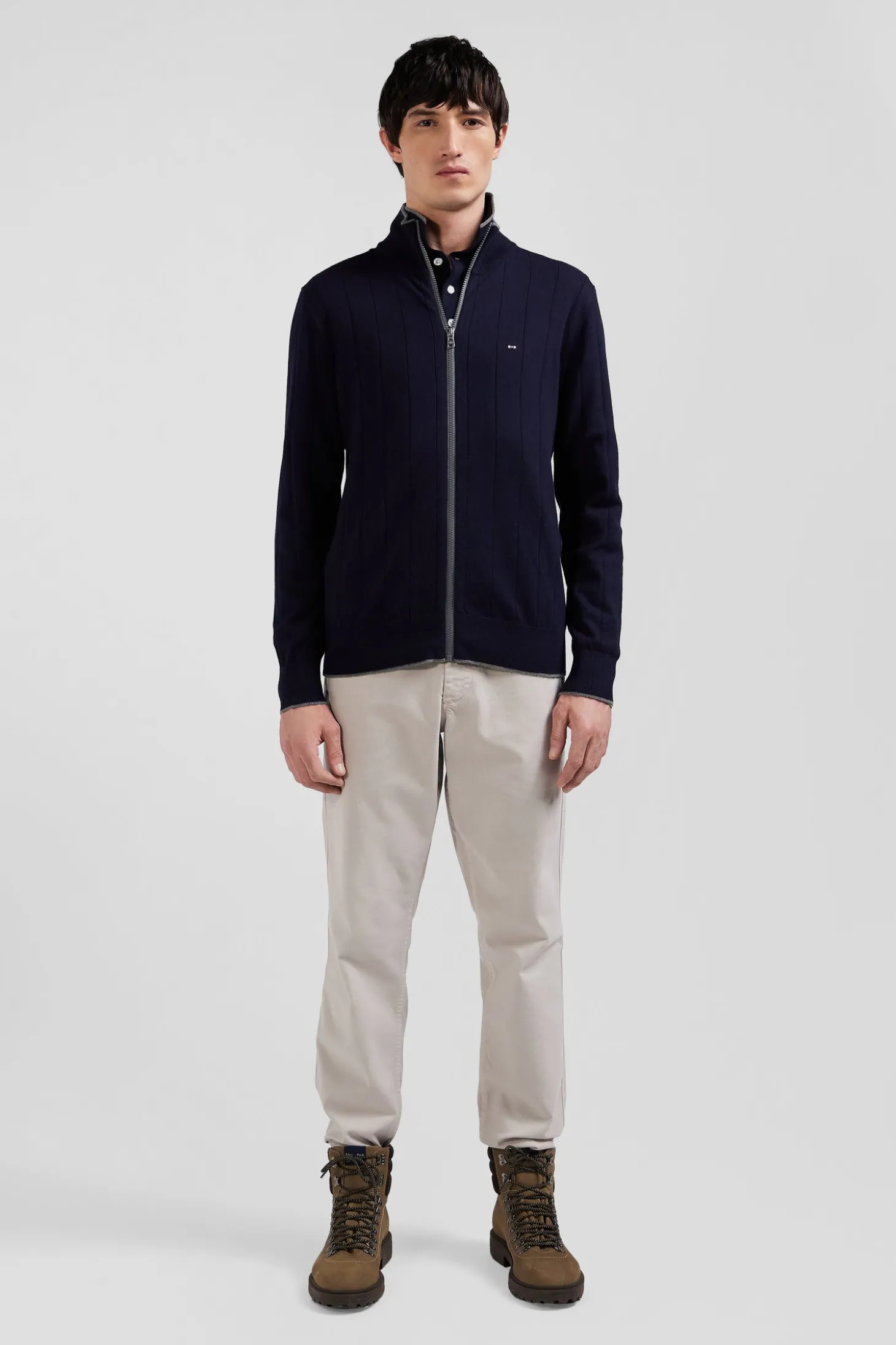 Cardigan zippé en coton et cachemire bleu marine coupe Regular rayures verticales