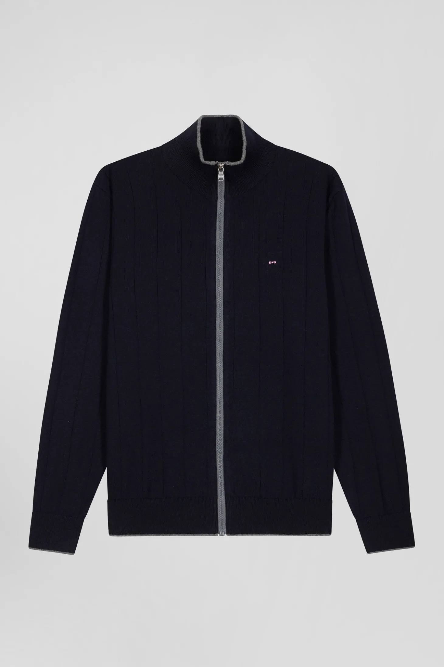 Cardigan zippé en coton et cachemire bleu marine coupe Regular rayures verticales