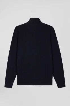 Cardigan zippé en coton et cachemire bleu marine coupe Regular rayures verticales