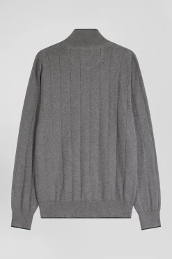 Cardigan zippé en coton et cachemire gris coupe Regular rayures verticales