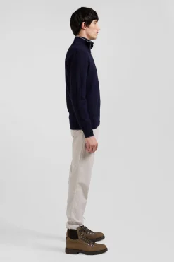 Cardigan zippé en coton et cachemire bleu marine coupe Regular rayures verticales