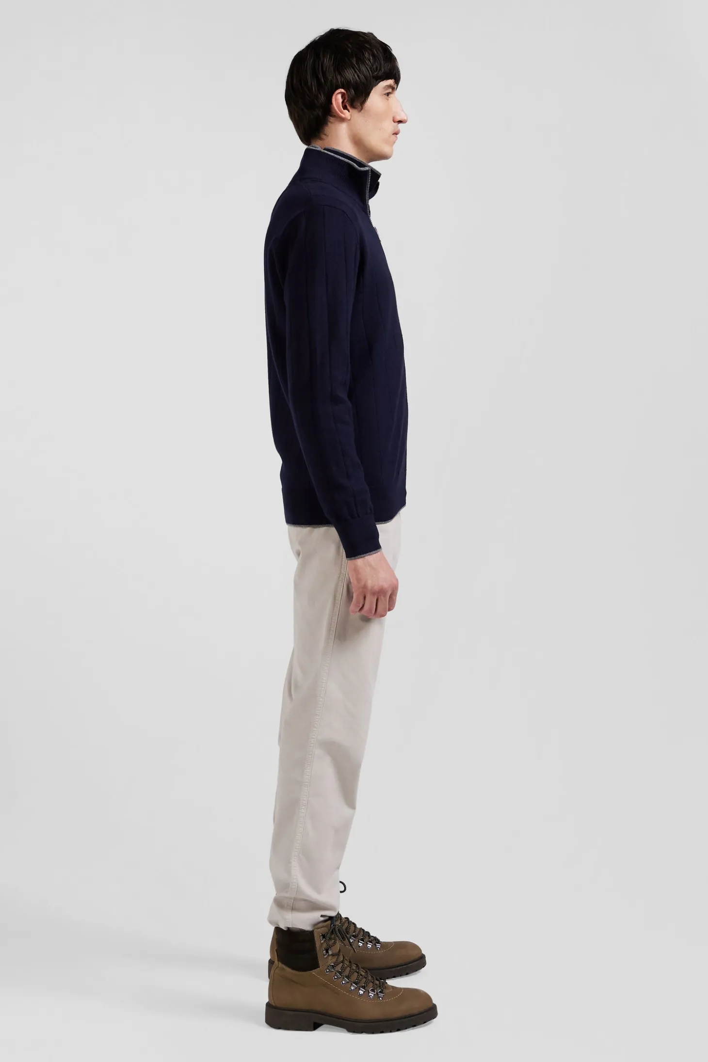 Cardigan zippé en coton et cachemire bleu marine coupe Regular rayures verticales