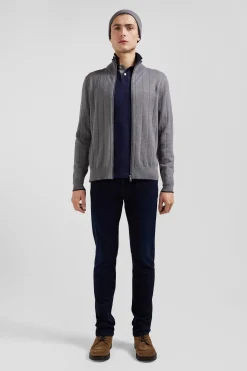 Cardigan zippé en coton et cachemire gris coupe Regular rayures verticales