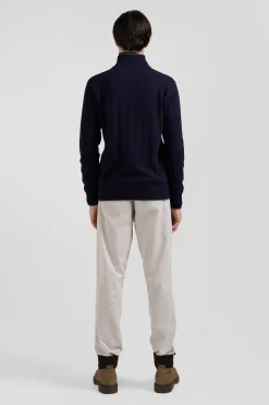 Cardigan zippé en coton et cachemire bleu marine coupe Regular rayures verticales