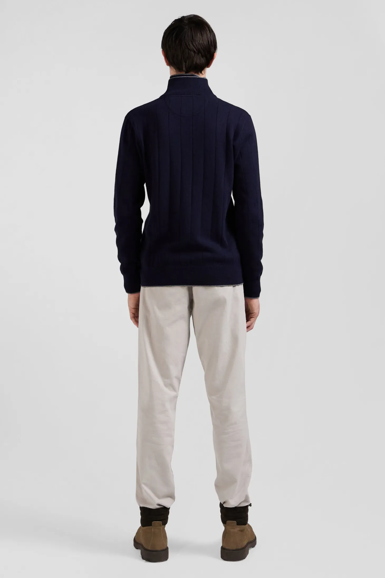 Cardigan zippé en coton et cachemire bleu marine coupe Regular rayures verticales