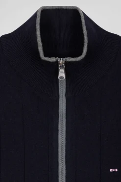 Cardigan zippé en coton et cachemire bleu marine coupe Regular rayures verticales