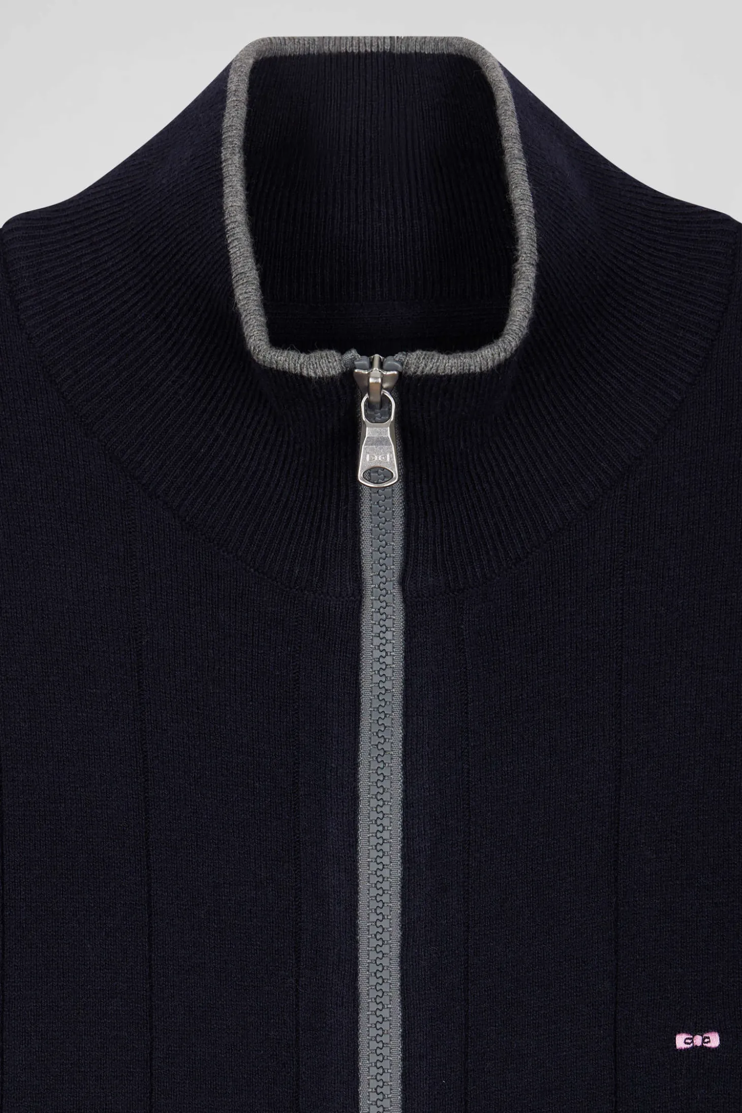 Cardigan zippé en coton et cachemire bleu marine coupe Regular rayures verticales