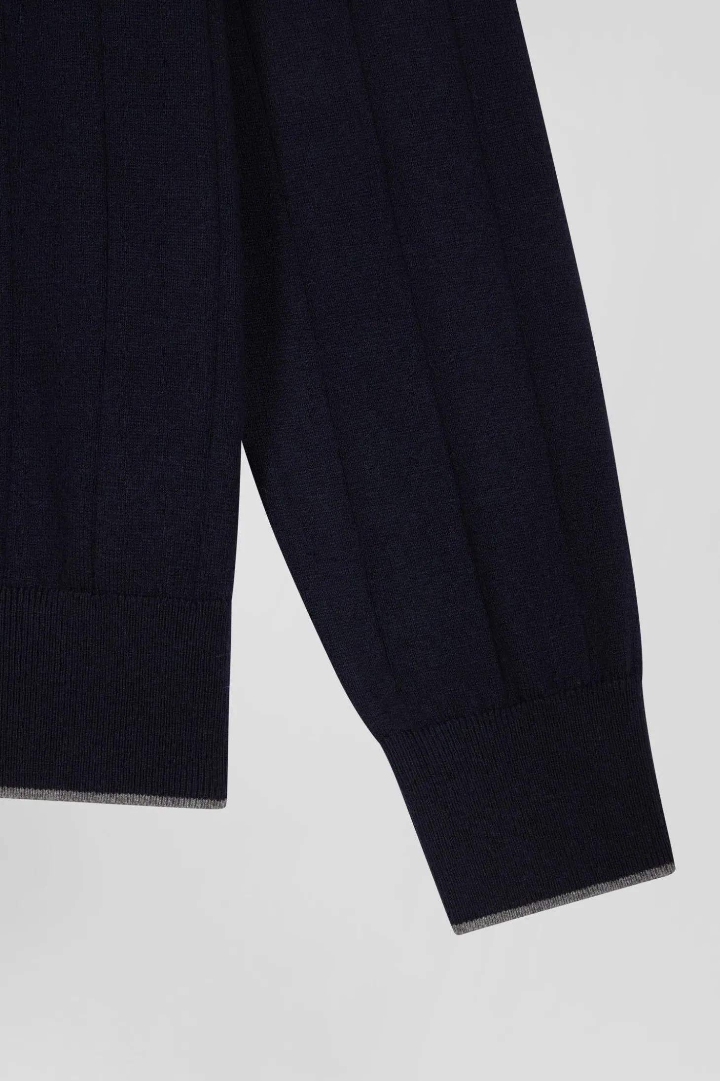 Cardigan zippé en coton et cachemire bleu marine coupe Regular rayures verticales
