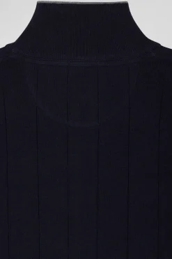 Cardigan zippé en coton et cachemire bleu marine coupe Regular rayures verticales