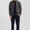 Cardigan zippé en coton uni gris à jeu de maille