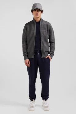 Cardigan zippé en coton uni gris à jeu de maille