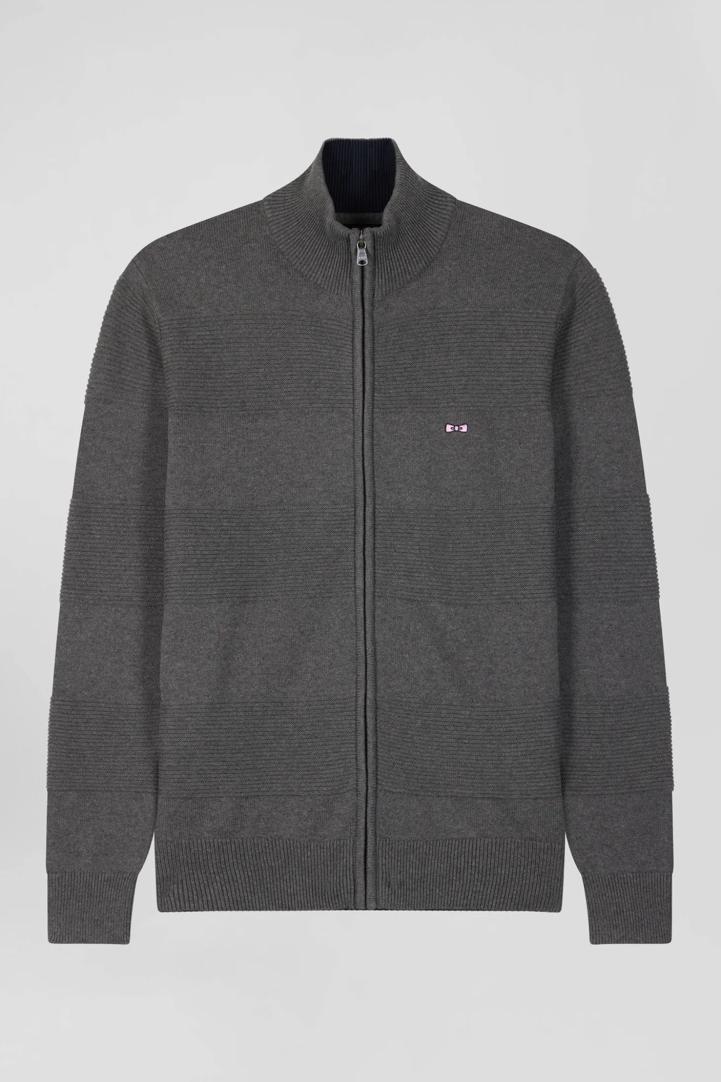 Cardigan zippé en coton uni gris à jeu de maille