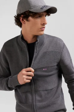 Cardigan zippé en coton uni gris à jeu de maille