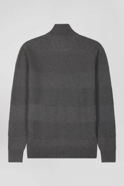 Cardigan zippé en coton uni gris à jeu de maille