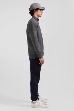 Cardigan zippé en coton uni gris à jeu de maille