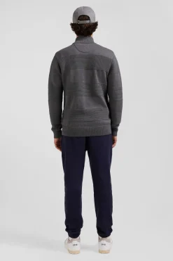 Cardigan zippé en coton uni gris à jeu de maille