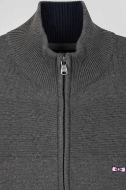 Cardigan zippé en coton uni gris à jeu de maille