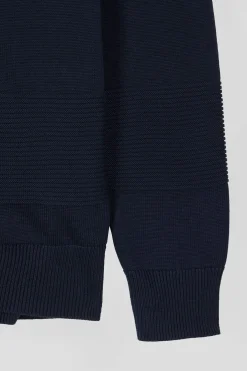 Cardigan zippé en coton uni bleu marine à jeu de maille