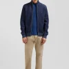 Cardigan zippé en laine et coton bleu marine coupe Regular