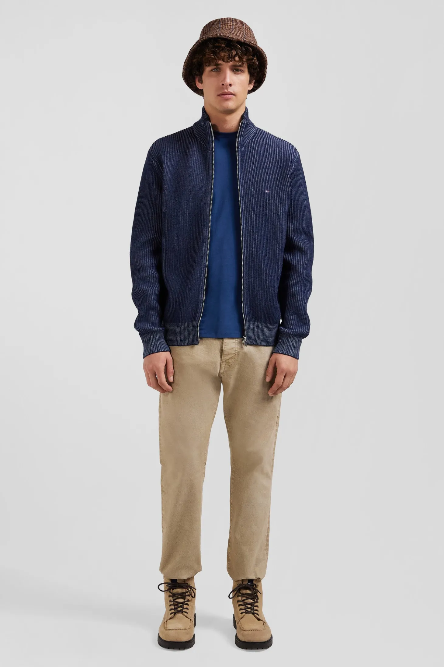 Cardigan zippé en laine et coton bleu marine coupe Regular