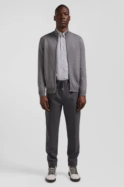 Cardigan zippé en laine et coton uni gris