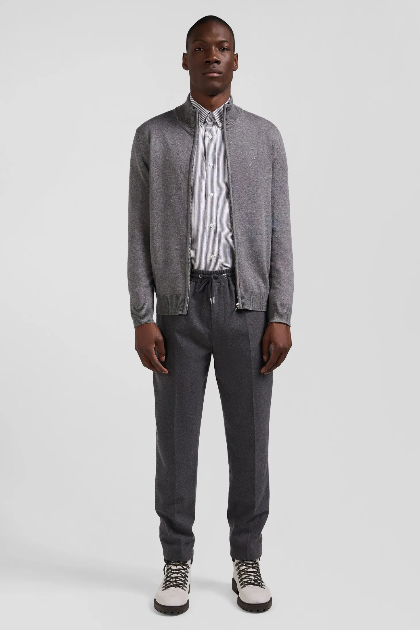Cardigan zippé en laine et coton uni gris