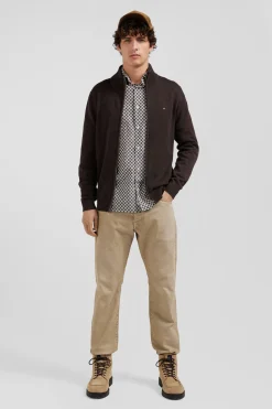 Cardigan zippé en laine et coton uni marron