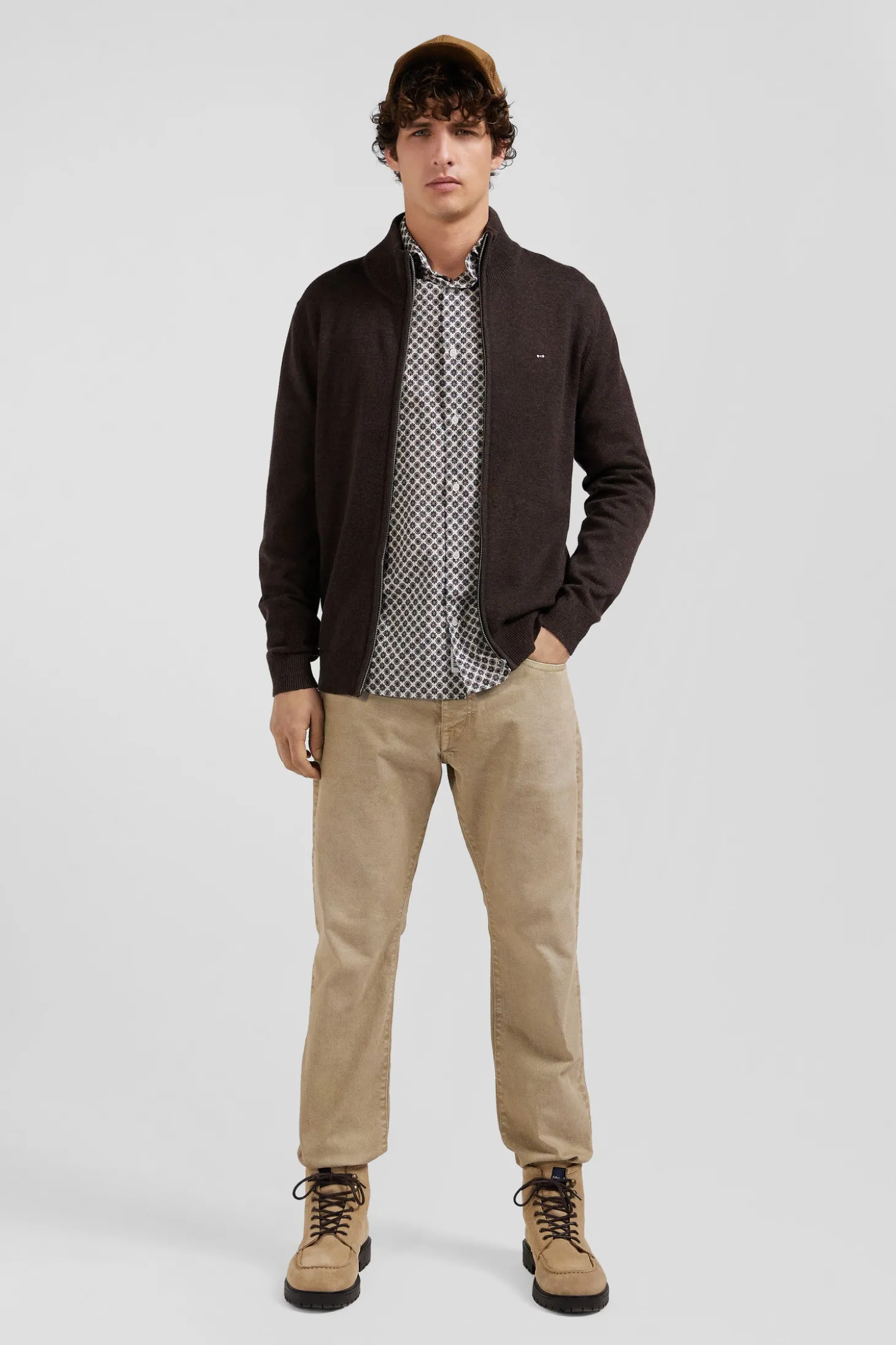 Cardigan zippé en laine et coton uni marron