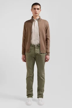Cardigan zippé en laine et coton uni camel