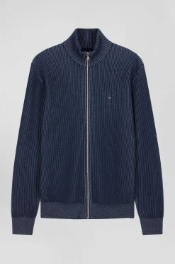 Cardigan zippé en laine et coton bleu marine coupe Regular