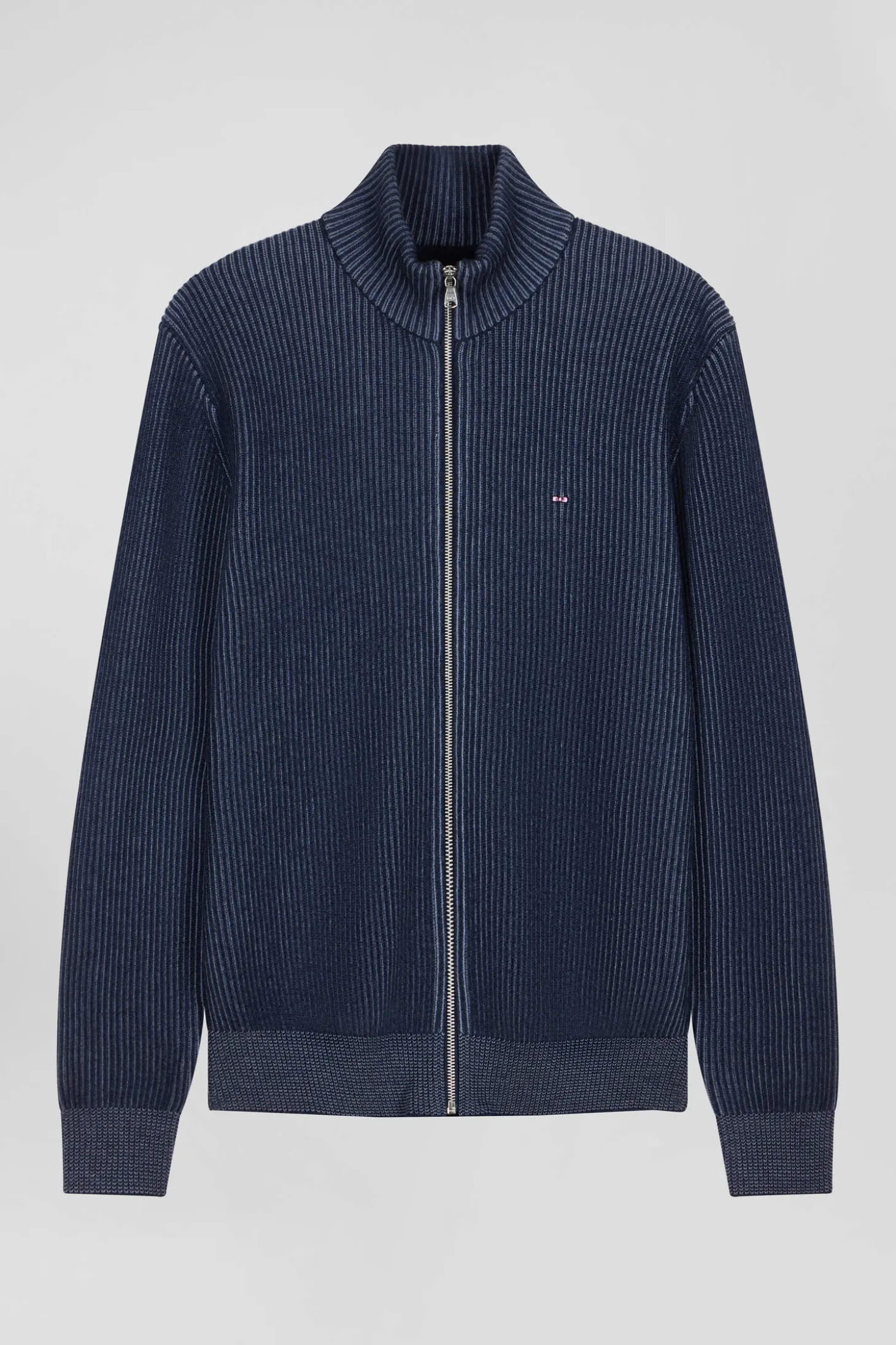 Cardigan zippé en laine et coton bleu marine coupe Regular