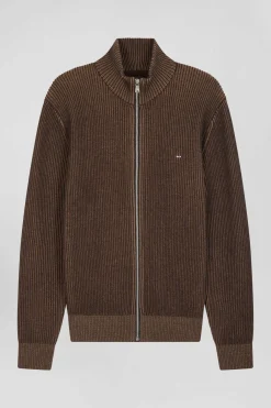 Cardigan zippé en laine et coton marron coupe Regular
