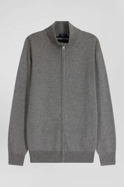 Cardigan zippé en laine et coton uni gris