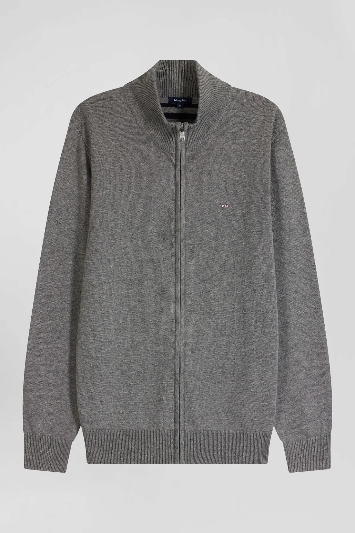 Cardigan zippé en laine et coton uni gris