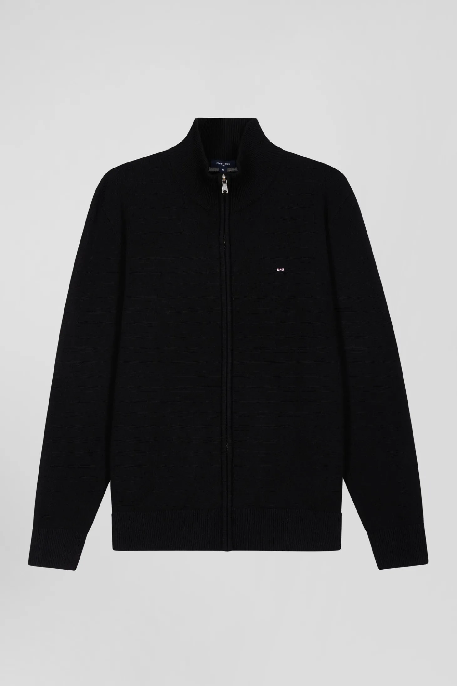 Cardigan zippé en laine et coton uni noir