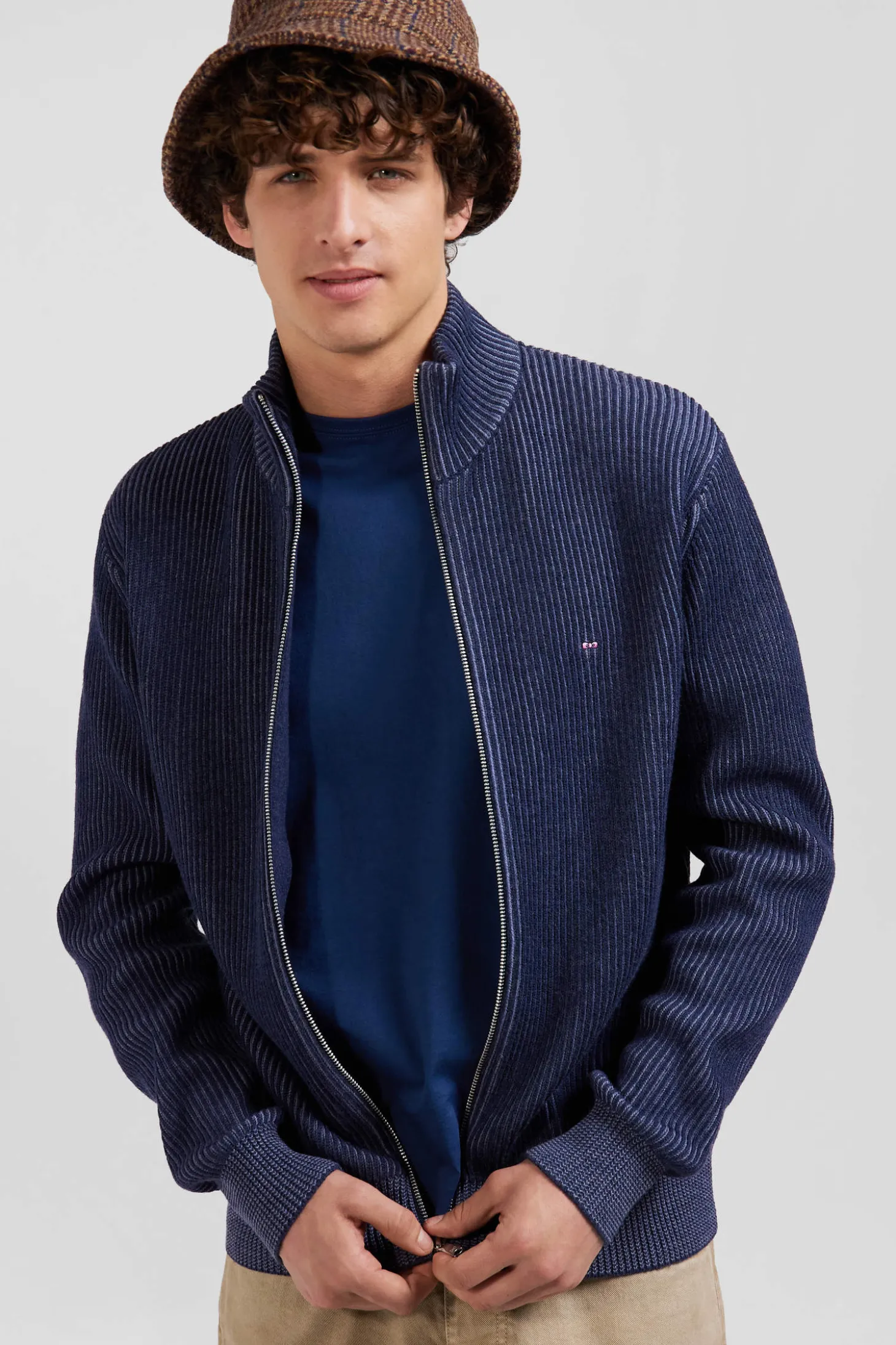 Cardigan zippé en laine et coton bleu marine coupe Regular