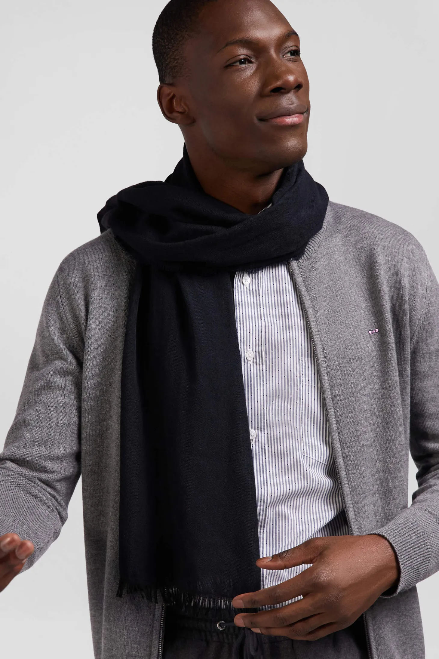 Cardigan zippé en laine et coton uni gris