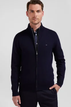 Cardigan zippé en laine et coton uni bleu marine