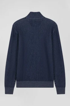 Cardigan zippé en laine et coton bleu marine coupe Regular