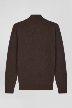 Cardigan zippé en laine et coton uni marron