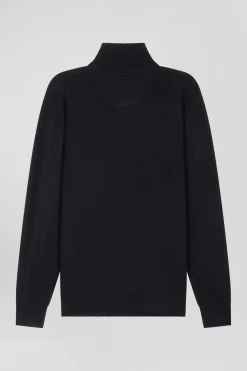 Cardigan zippé en laine et coton uni noir