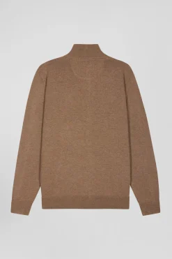 Cardigan zippé en laine et coton uni camel